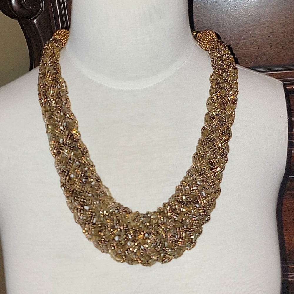 🤎 Thick Beaded Dark Gold Braided Necklace